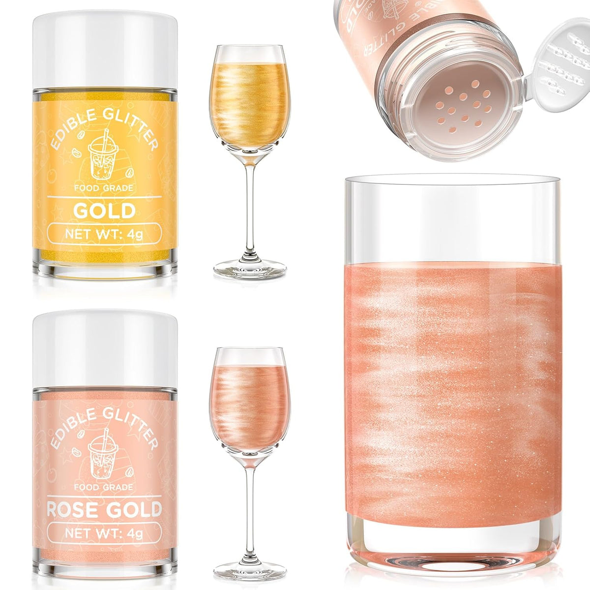 Cherrysea Edible Glitter for Drinks Cocktails Food Grade Edible Drink Shimmer Powder for DIY Champagne Beverages Wine 2 Colors Vegan Edible Luster Dust Set 4g/Bottle Gluten Free - Rosegold & Gold