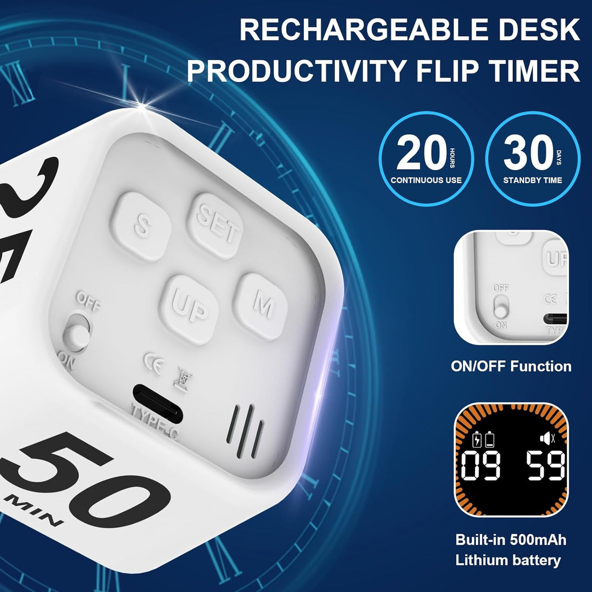 Rotating Cube Visual Timer 5, 25, 10, 50 Min Preset + Custom Countdown, Rechargeable Desk Productivity Flip Timer w/Silicone Case, Silent Mode, Ideal for ADHD Tool Study Work School (White)