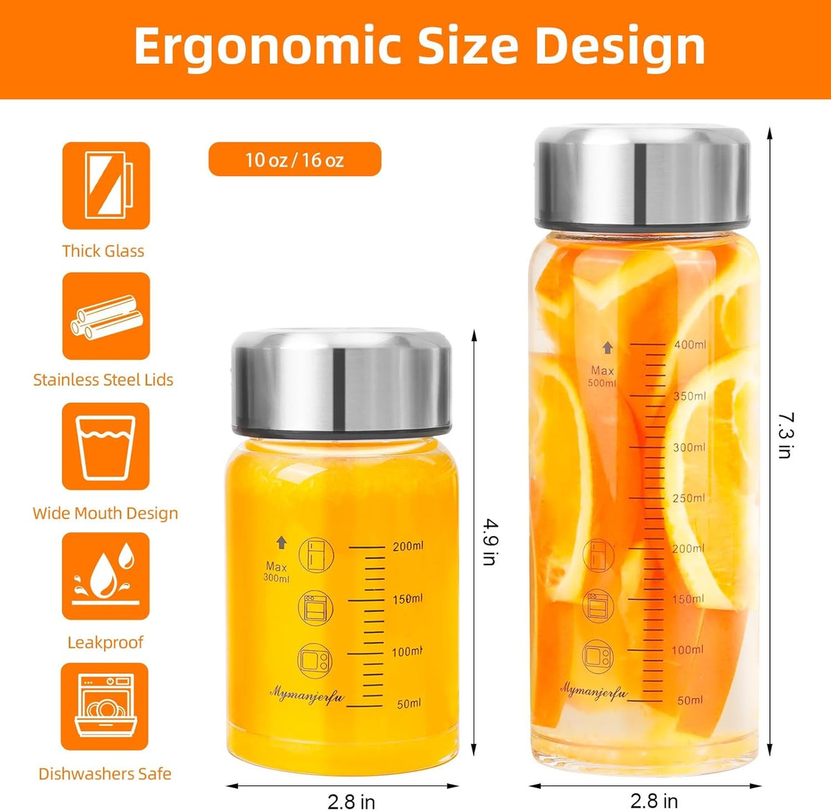 Glass Juice Bottles 10 oz - Wide Mouth Glass Water Bottles with Lids and Sleeve- for Juicing, Smoothies, Milk, Protein, Reusable, Stainless Steel Lids, Leak Proof, Shaker bottle (10oz/300ml)