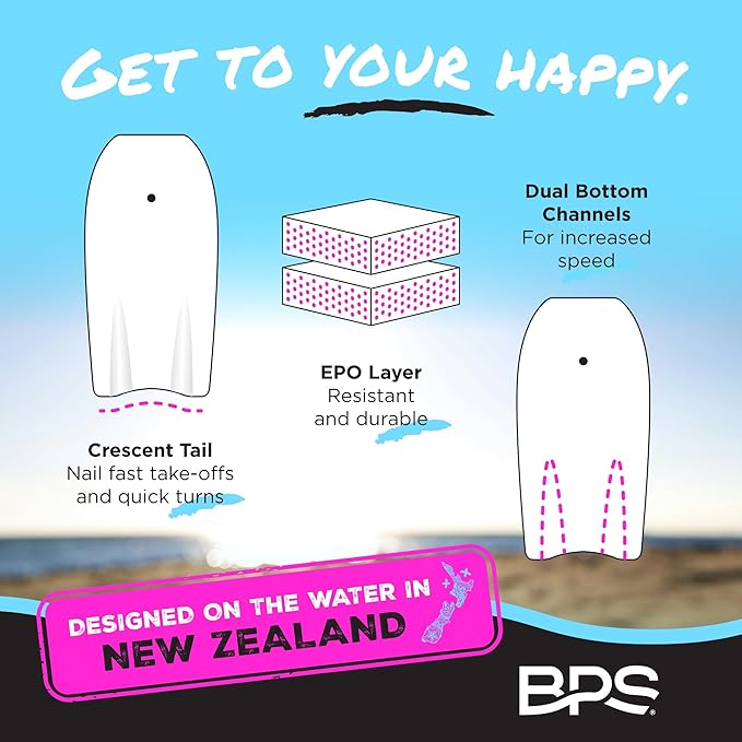 BPS New Zealand ‘Shaka’ Body Board for All Wave Conditions - Lightweight with EPS Core, HDPE Slick Bottom, Body Boards for Beach with Wrist Leash and Plug for Kids and Adults - All Skill Levels