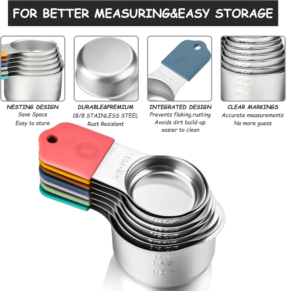Magnetic Measuring Cups and Spoons Set of 16 Including 7 Stainless Steel Stackable Magnetic Measuring Cup 8 Magnetic Measuring Spoon with Leveler for Measuring Dry Liquid Ingredient