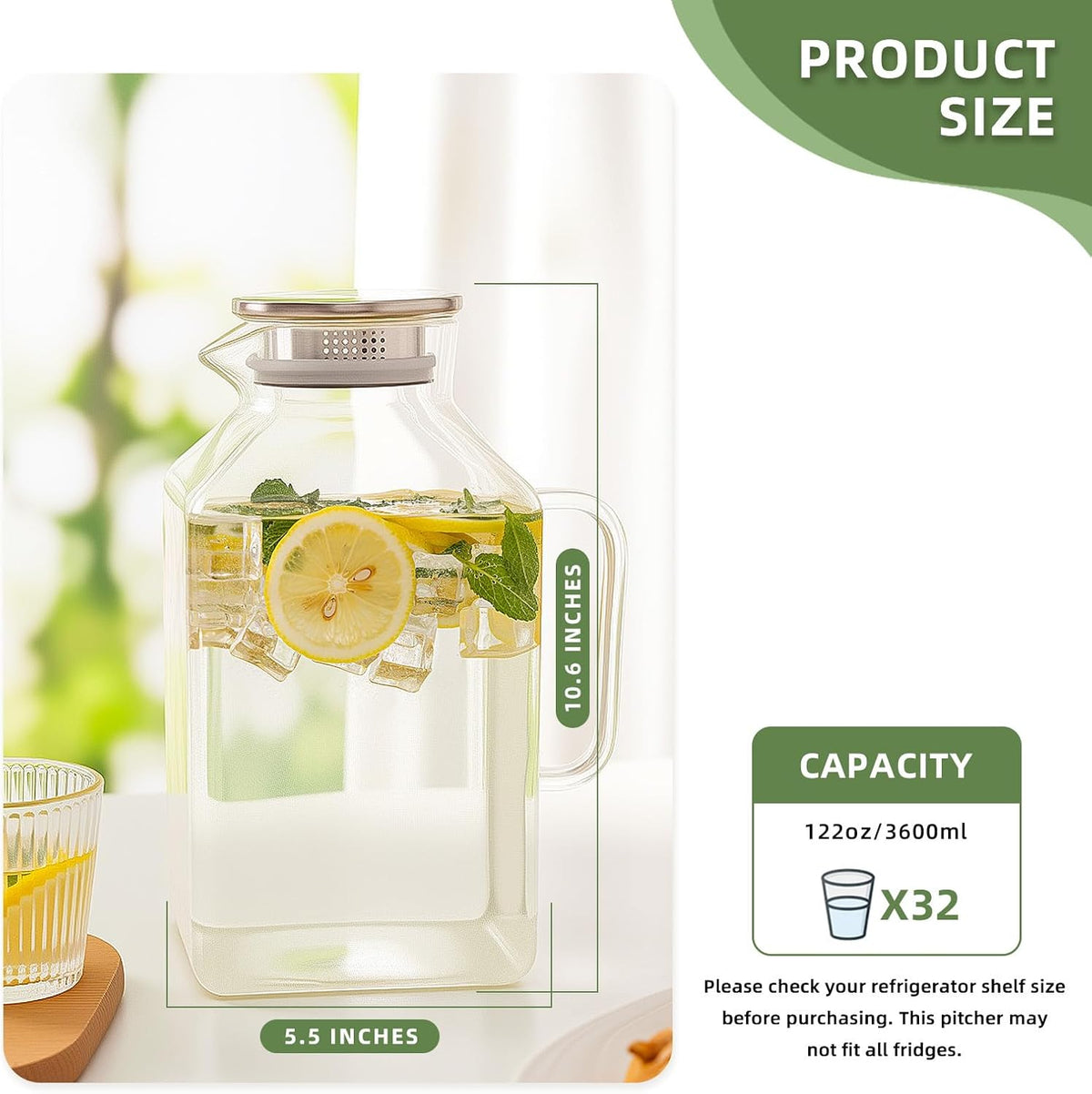Glass Pitcher, 3.6L/122 oz Glass Water Pitcher with Lid and Spout, Heat/Cold Resistant Borosilicate Glass Water Carafe for Coffee, Juice and Homemade Beverage (TG06)