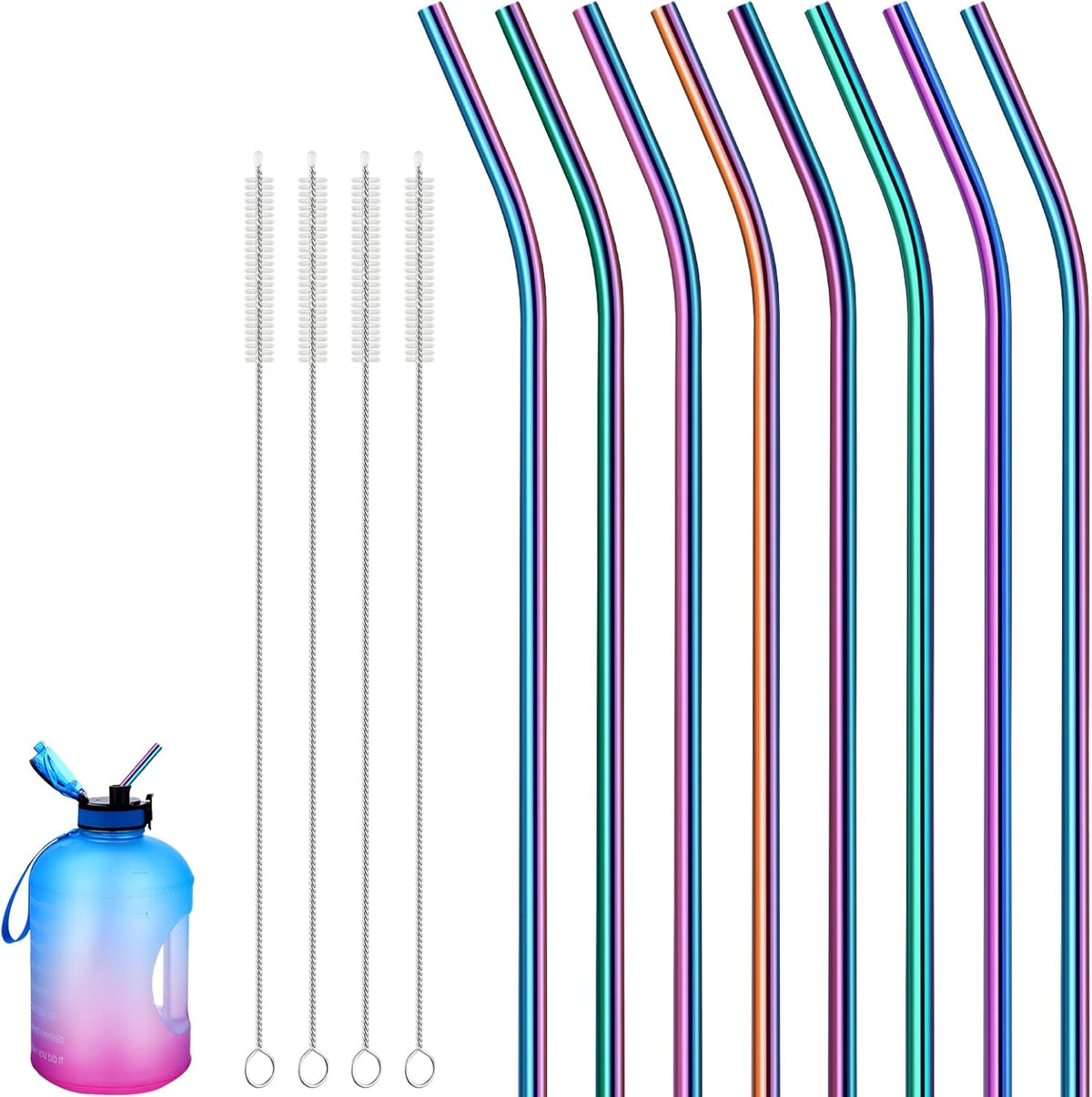 Geiserailie 8 Pieces 14 Inch Stainless Steel Straws Long Drinking Straws for 100 oz Tumblers, Extra with 4 Pieces Cleaning Brush(Rainbow)