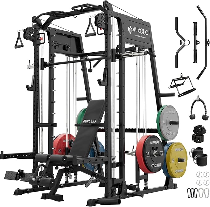 Mikolo Smith Machine, 2200lbs Squat Rack with LAT-Pull Down System & Cable Crossover Machine, Training Equipment with Leg Hold-Down Attachment