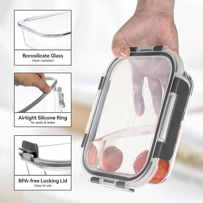 BAYZZ Glass Food Storage Containers, 5 Pack 35 Oz Glass Meal Prep Containers, Lunch Boxes with Airtight BPA-Free Lids, Microwave, Freezer and Dishwasher Safe