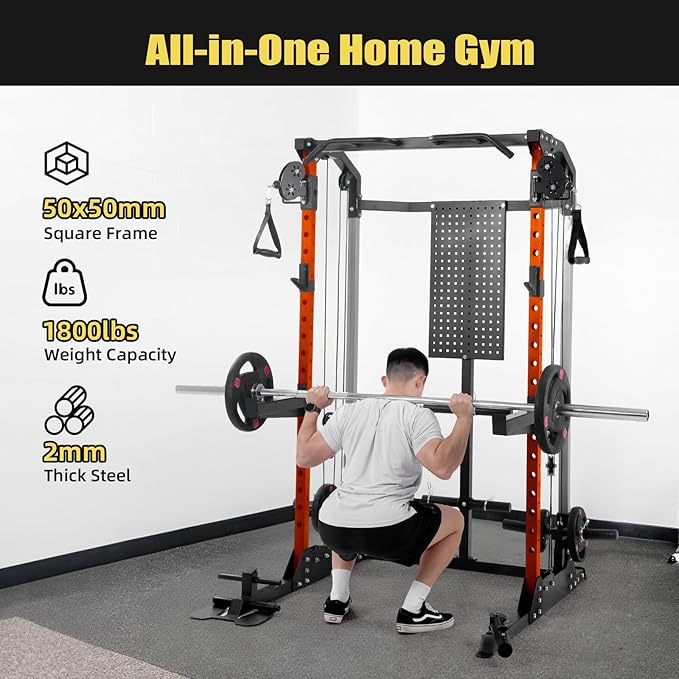 Power Cage, Squat Rack with Cable Crossover and Dual Independent Pulley System, 2000LB Capacity Workout Cage with More Training Attachments, Power Rack for Home Gym