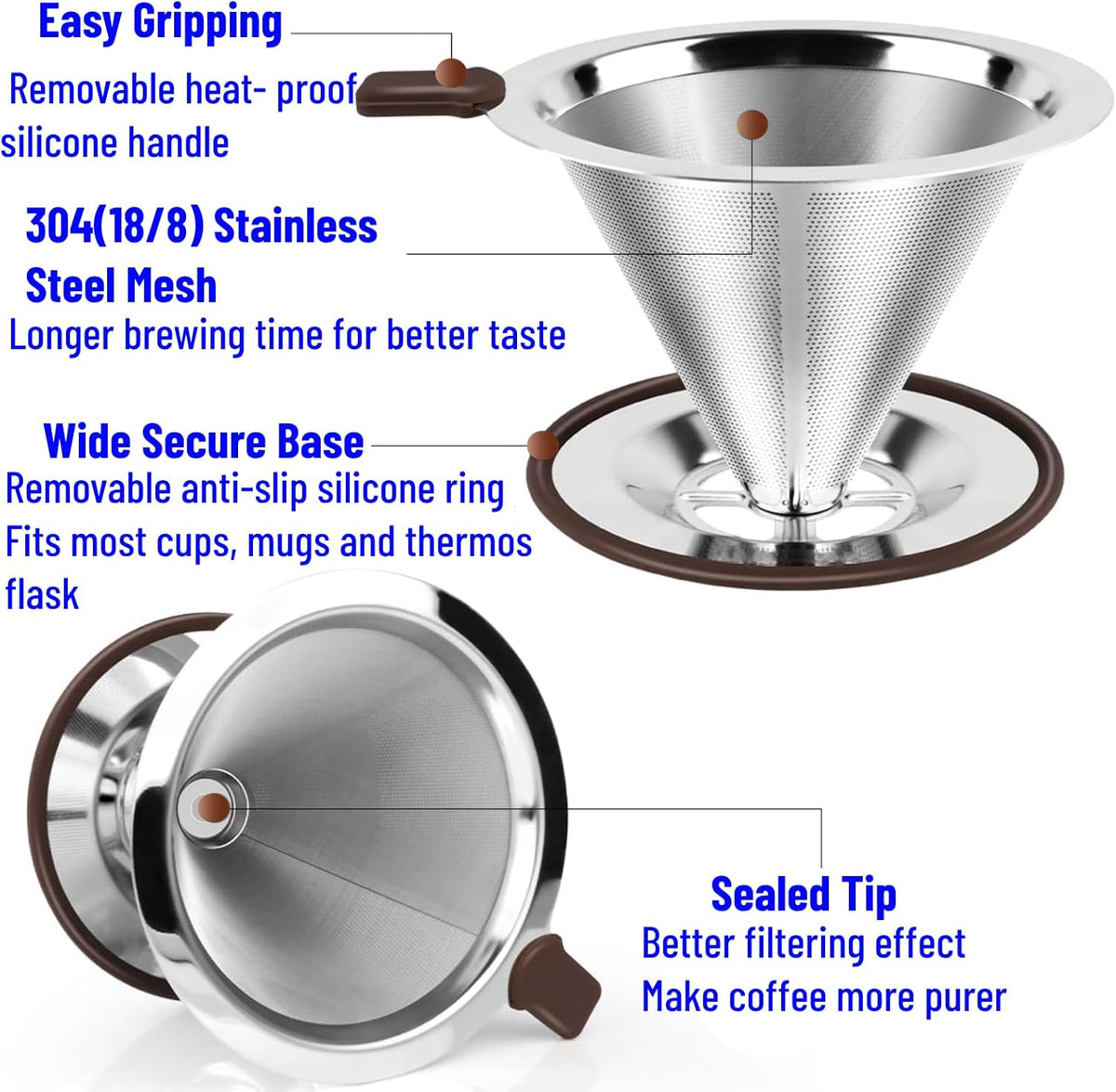 Reusable Paperless Coffee Filter V60,Coffee Dripper,Professional Stainless Steel Drip Cone Brew Coffee Strainer,Double Micro Mesh Filter,Coffee Filter Mug,Silicone Handle & Non-Slip Silicone Base (S)