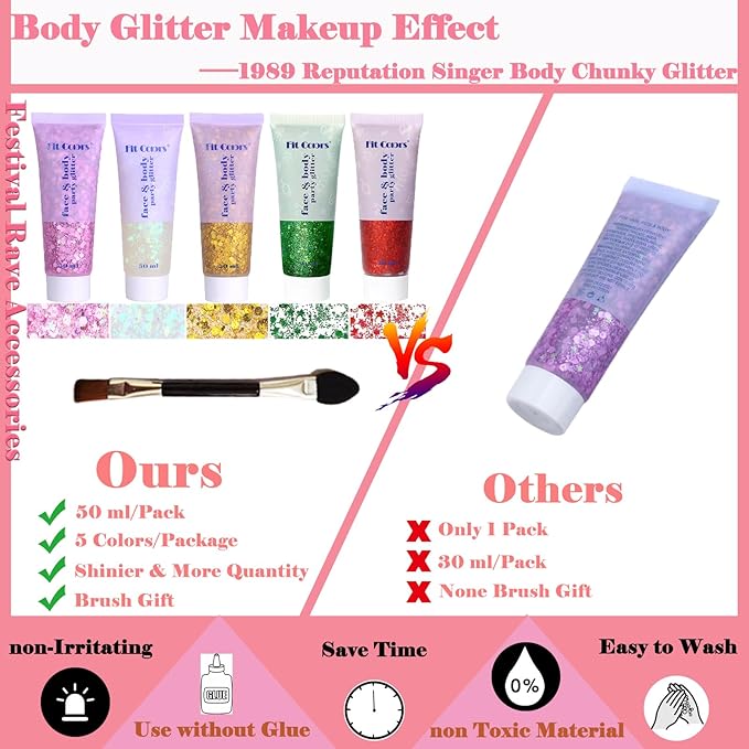 Body Glitter Face Glitter Gel: Singer Concerts Disco Festival Rave Accessories Face Glitter Makeup 150ml Chunky Sequins Mermaid Face Body Hair Glitter Gel (White&Pink&Gold&Green&Red)