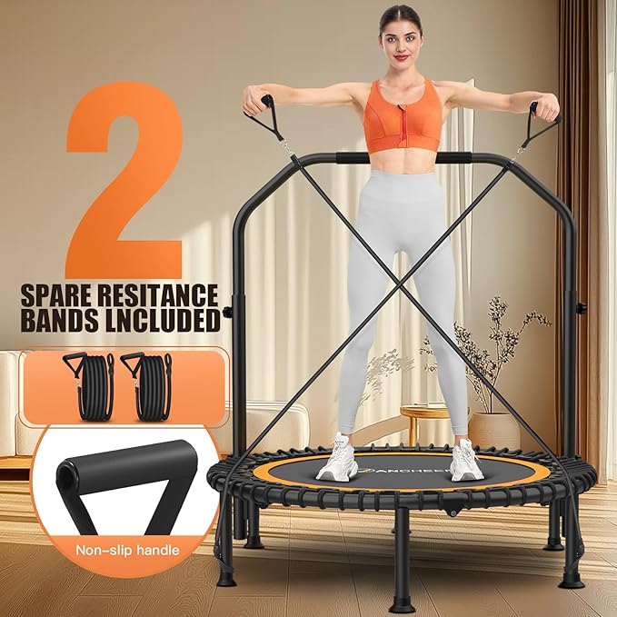 ANCHEER 40"/48" Foldable Rebounder Trampoline for Adults/Kids with Resistance Bands and Bungees, Indoor & Outdoor Mini Trampoline with Bar and Safety Padding - Max Load 450lbs/550lbs