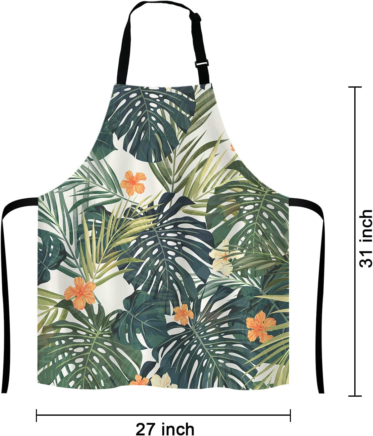 Hibiscus Flowers Apron, Summer Colorful Hawaiian Tropical Plants Unisex Kitchen Bib with Adjustable Neck for Cooking Gardening,Adult Size