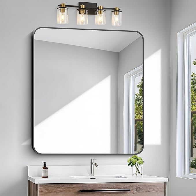 36x40 inch Bathroom Mirror,Black Rectangle Mirror,Wall Mounted Bathroom Frame Vanity Mirror with Round Corner for Bedroom Living Room,Entryway Hangs Horizontal or Vertical