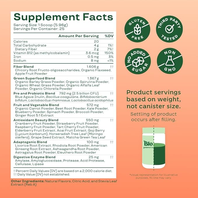 Bloom Nutrition Superfood Greens Powder, Digestive Enzymes with Probiotics and Prebiotics, Gut Health, Bloating Relief for Women, Chlorella, Green Juice Mix with Beet Root Powder, 25 SVG, Peach