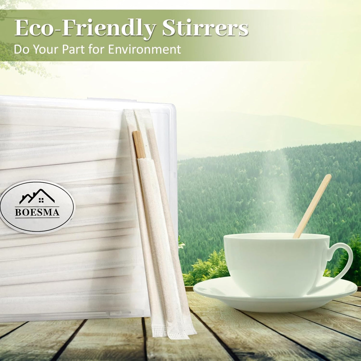 100Pcs Bamboo Coffee Stirrers Individually Wrapped – Coffee Stir Sticks 5.5 Inch, Stir Sticks For Coffee Bar, Disposable Stir Sticks for Coffee and Cocktail