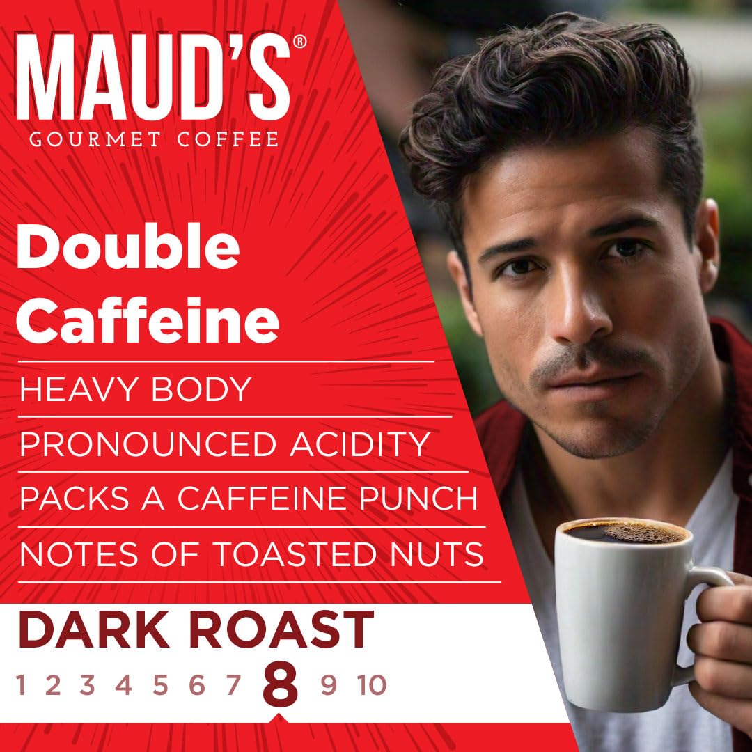 Maud's Double Caffeine Coffee Pods, 18 ct, Dark Roast Coffee in Recyclable Single Serve Pods – 100% Arabica Coffee, Compatible with Keurig K Cups Maker