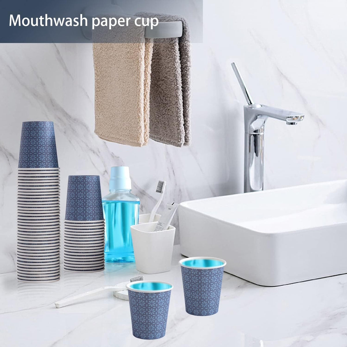 300 Pack 5oz Paper Cups, Disposable Bathroom Navy Floral Small Mouthwash Cups 5 OZ for Barth, Parties, Picnics, Barbecues, Travel and Events.