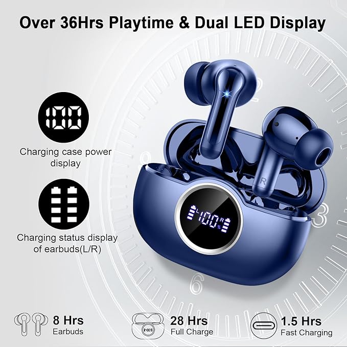 Bluetooth 5.4 Headphones, 2025 Wireless Earbuds 3D Hi-Fi Stereo Bass Ear Buds, 4 ENC Noise Cancelling Mic, 40H USB-C in-Ear Earphone Sport, 3g IP-X7 Waterproof Workout Gym for Android iOS Laptop Pad