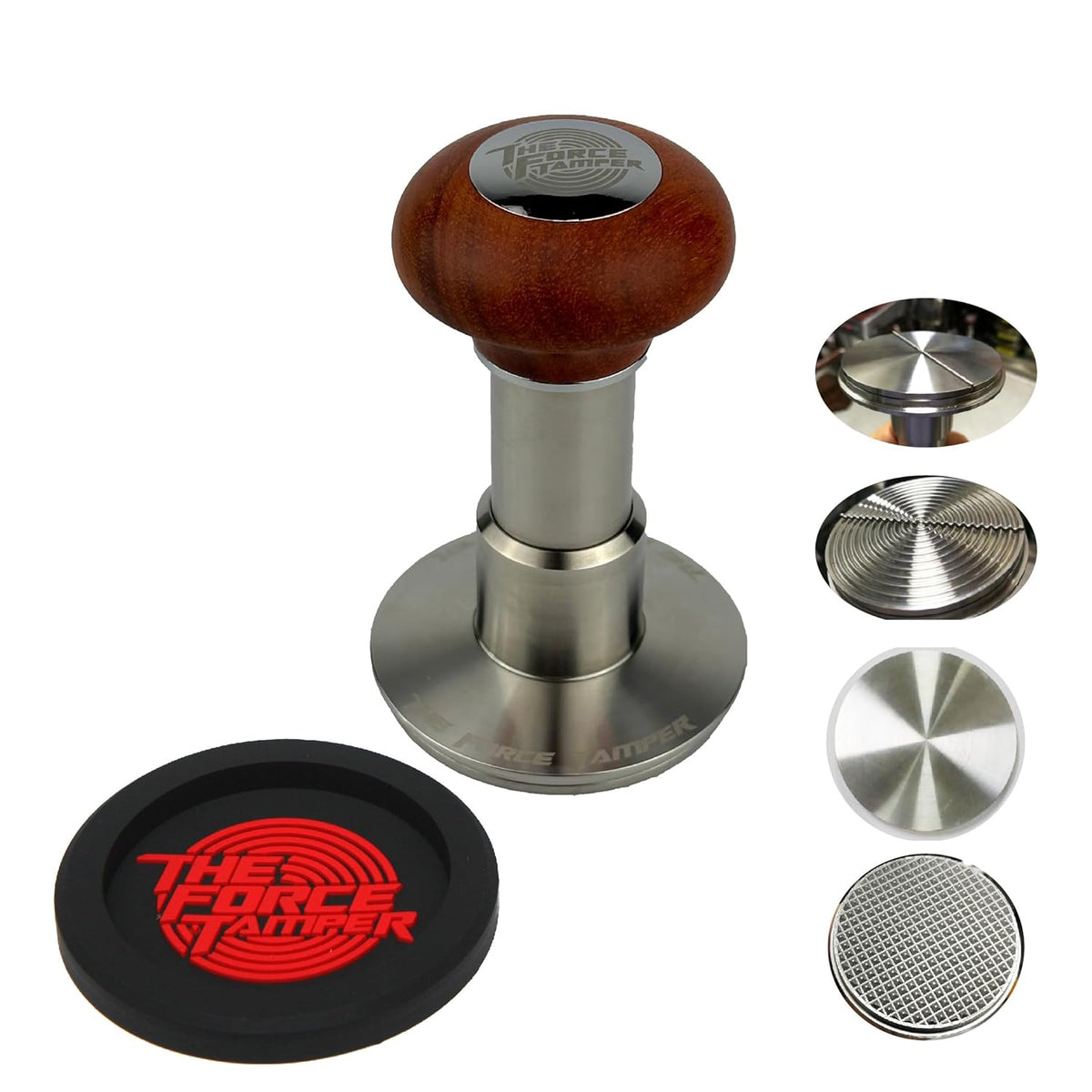 The Force Tamper Automatic Impact Adjustable Constant Pressure and Autoleveling Coffee Tamper Reddish Brown Jellyfish Wooden Handle Set Pro (TRI-Distribute Set, 58.35mm)