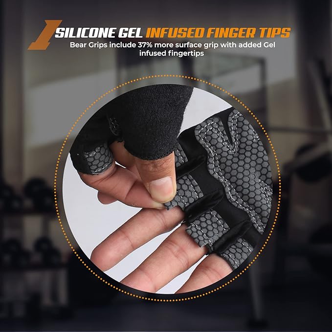 Bear Grips Weight Lifting Gloves for Men & Women | Half Finger Lifting Gloves | Full Finger Workout Gloves for Men | No Finger Exercise Gloves l Compression Weightlifting Gloves | Gym Gloves for Men