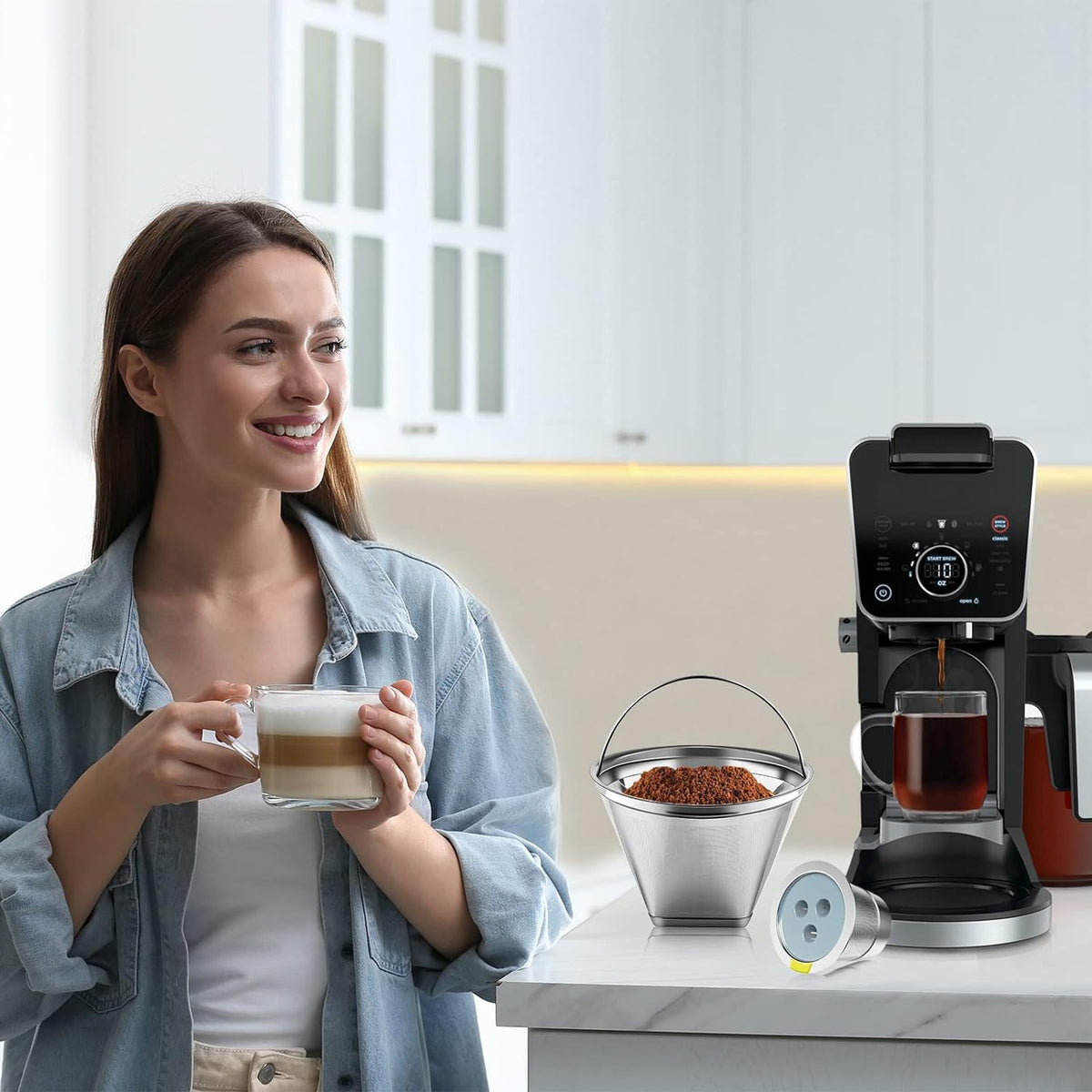 Stainless Steel Reusable Coffee Filter Compatible with Ninja Dual Brew Coffee Maker, Reusable Coffee Pods with 4 Cone Coffee Filters, Reusable k cups fit for Ninja CFP201 CFP301