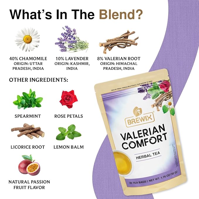 BREWIX, Valerian Comfort Tea for Sleep and Relaxation (25 Pyramid Bags) Caffeine-Free and Calming for Bedtime | Valerian Root, Chamomile & Lavender | Perfect Wellness Sleep