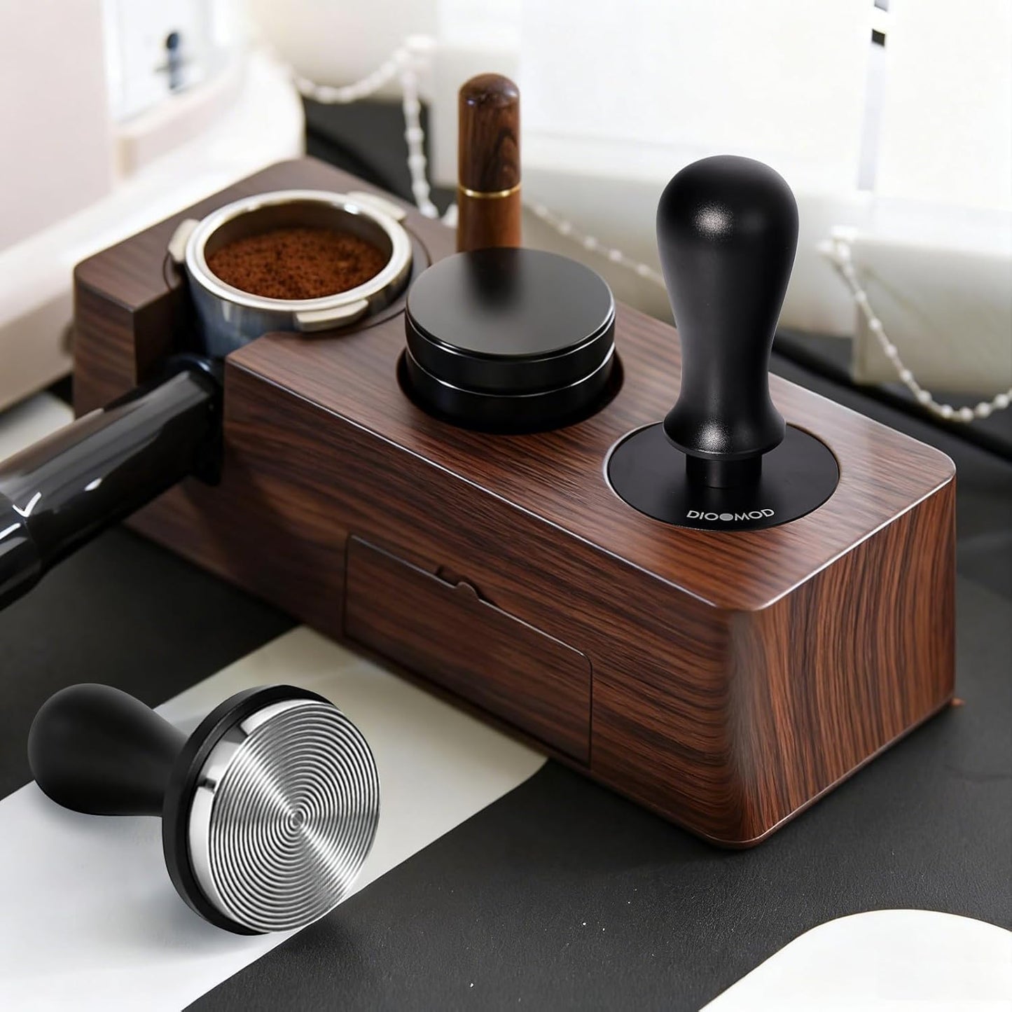 Espresso Tamper for 53mm, Stainless Steel Coffee Tamper Hammer, Spring Loaded Pounder with Comfort Grip, Manual Espresso Press Fits Breville/Sage Handle, Textured Stainless Steel Base, Black