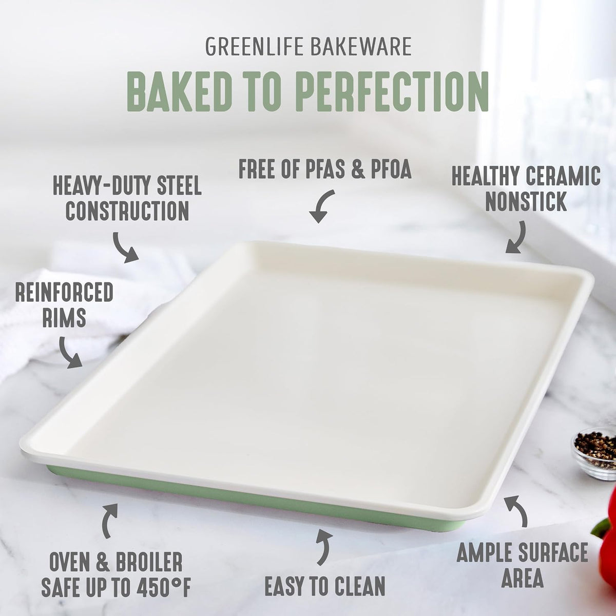 GreenLife Bakeware 18” x 13” Half Cookie Sheet Baking Pan, Non-Toxic PFAS-Free Healthy Ceramic Nonstick, Oven Safe to 450°F, Easy Release, Even Heating, Easy Clean, Sage