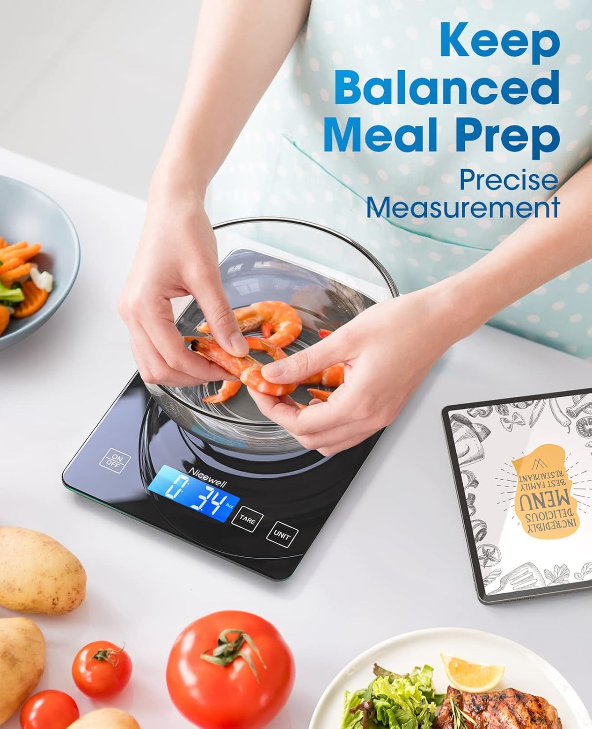 Nicewell Food Scale Digital Weight Grams and oz, 22lb Kitchen Scale for Cooking Baking, 1g/0.1oz Precise Graduation, Sleek Tempered Glass Platform (Black)