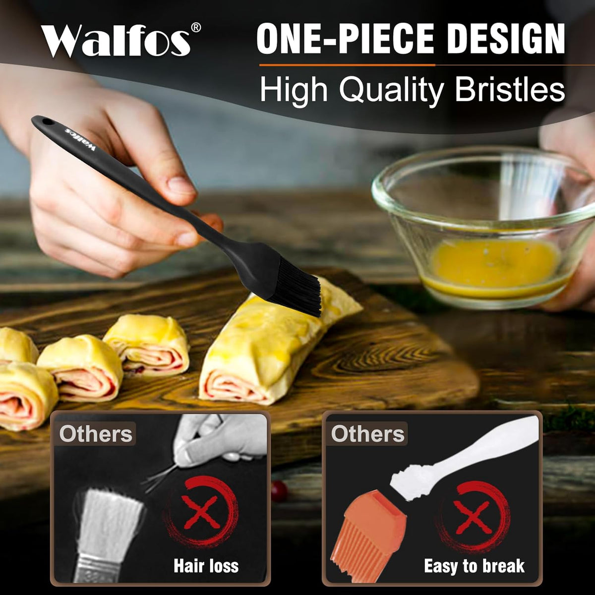 Walfos Silicone Basting Pastry Brush, Heat Resistant Pastry Brush Set, Strong Steel Core and One-Pieces Design, Perfect for BBQ Grill Baking Kitchen Cooking, BPA Free and Dishwasher Safe (2 Pcs)