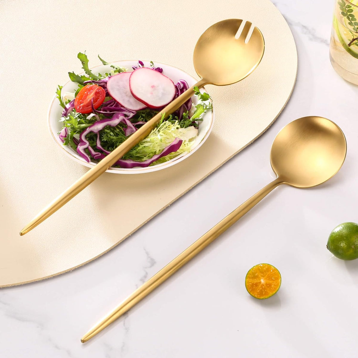 Lemeya Gold Salad Serving Utensils,Serving Spoons Stainless Steel,2Pcs Long Handle Salad Servers 11.42 Inch,Salad Utensils for Serving,Matte Finish,Dishwasher Safe