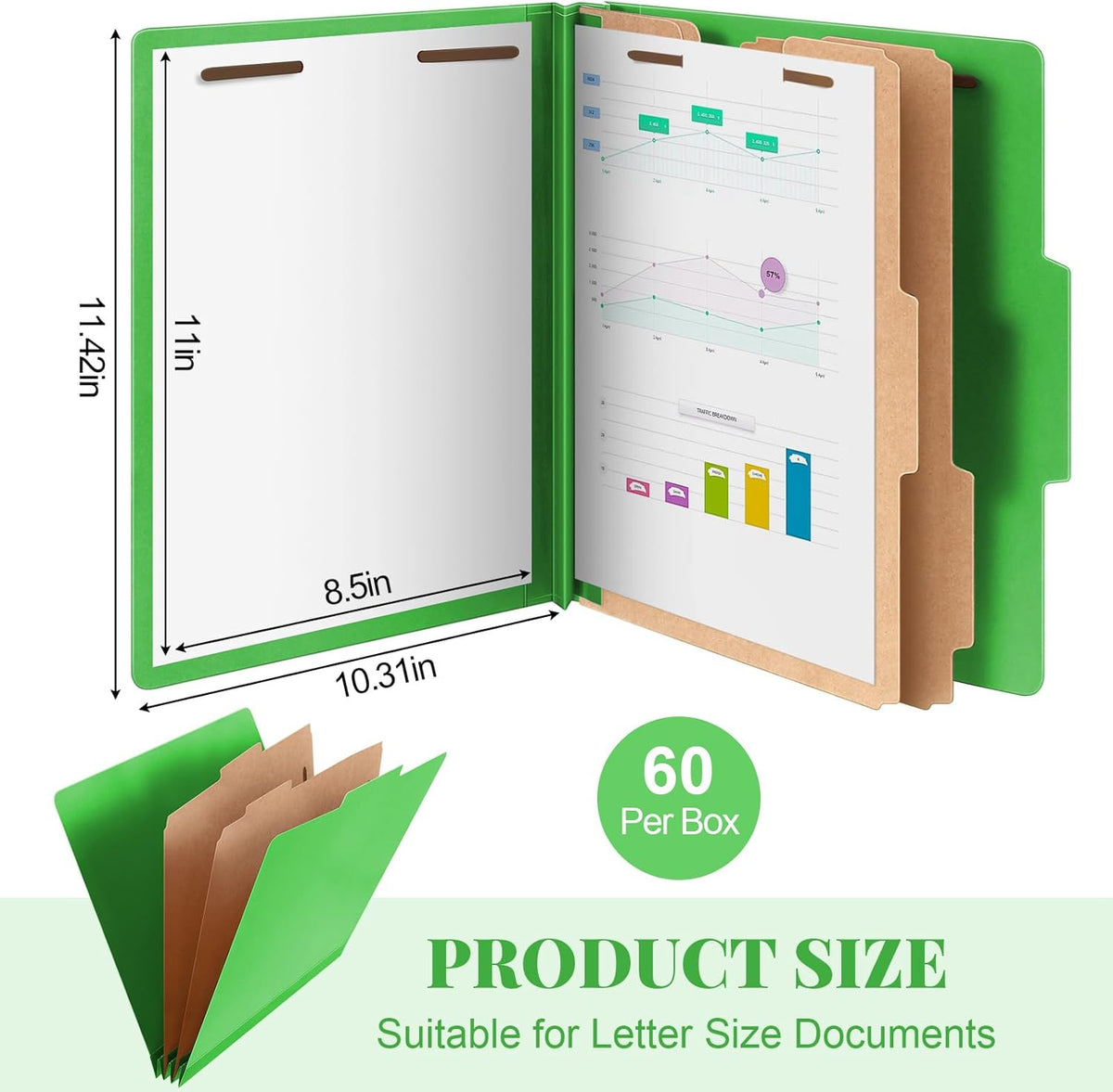 60 Pcs Classification Folders Letter Size, 2 Divider Pressboard File Folders with 3. 5 Inch Expansion, 2 Prongs Fastener, Heavy Duty Office File Organizers for Teachers, Medical (Green)