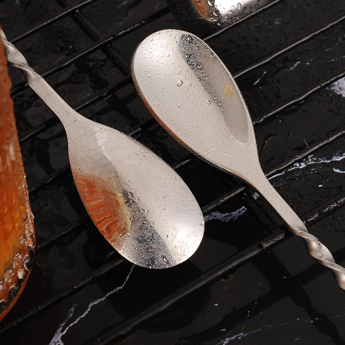 AnSaw Silver 12-Inch Stainless Steel Cocktail Spoon with Leaf Handle - Perfect for Mixing & Layering Drinks in Tall Cups, Bar & Shakers - Durable Long Handle Bar Stirrer,2-Pieces