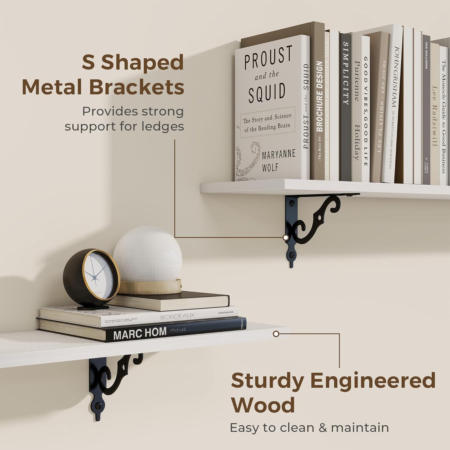 RICHFOCUS Floating Shelves for Wall Decor, 47.3W x 8D Wall Shelves Set of 2, 8 Inch Deep Rustic Wood Shelves Wall Mounted with Brackets, Long Floating Shelves for Living Room Bedroom Kitchen, White