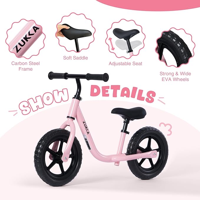 12 inch Toddler Balance Bike Adjustable Handlebar & Seat Anti-Slip Grip Suitable for 2-5 Years Old with Footrest Lightweight for Tolddlers Boys Girls Multiple Colors to Choose