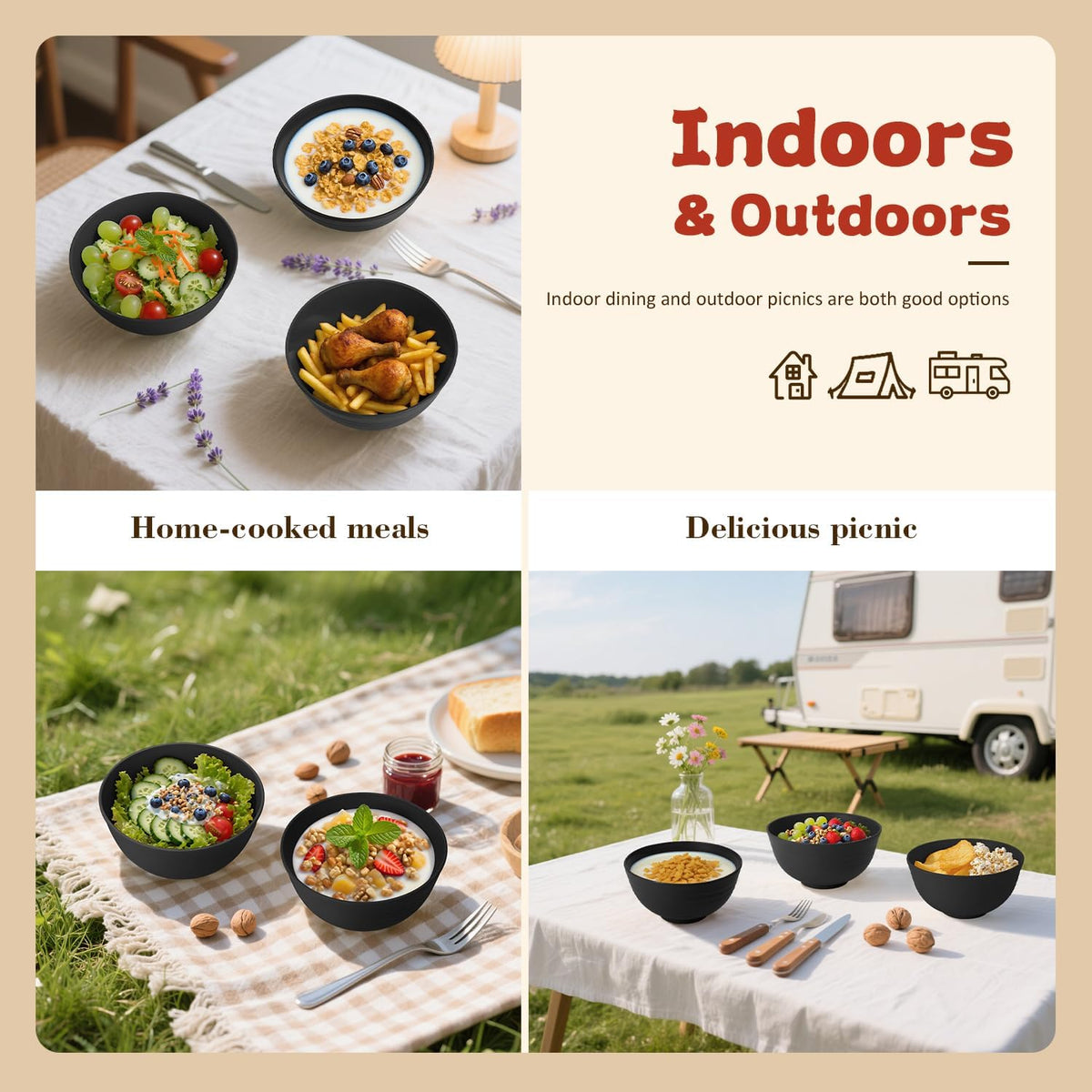 Wheat Straw Camping Bowls Sets of 6,Unbreakable 26oz Lightweight Bowls Sets for Outdoors Activity,Breakfast Bowls for Cereal and Salad.Black Series