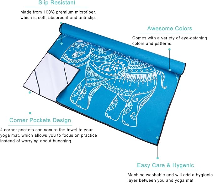 QiyI Yoga Mat Towel with Corner Pockets, Non Slip Sweat Absorbent Hot Yoga Towels, Soft Yoga Blankets with Travel Bag, Skidless Mat Cover for Workout, Gym, Fitness - 70"x26", Blue Mandala Elephant