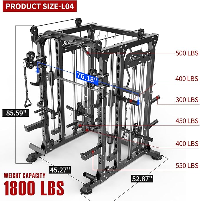 Smith Machine with Cable Crossover System, Multi-Function Power Cage Squat Rack for Home Gym, Power Rack and Packages Weight Sets.