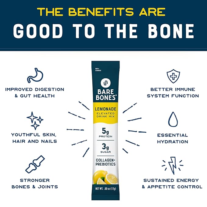 Bare Bones Lemonade Elevated Drink Mix | Light & Flavorful | Gluten-Free & Naturally Sweetened | On-the-Go Stick Single-Serve Packs Powdered Refreshment | 5g Protein | 16 Packets (.60 oz)