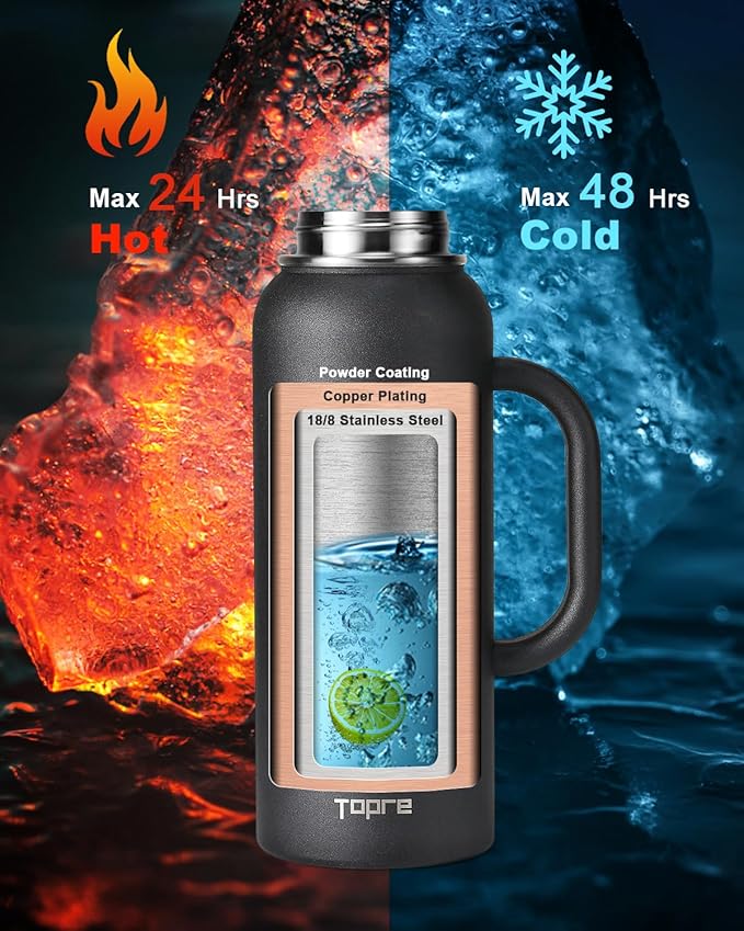 40 oz Insulated Water Bottle with Straw and Lid, Food-grade Double Wall Vacuum Stainless Steel Flask with Handle,Leakproof Metal Travel Jug With Carry Pouch and Brush,Keep Cold & Hot,Black