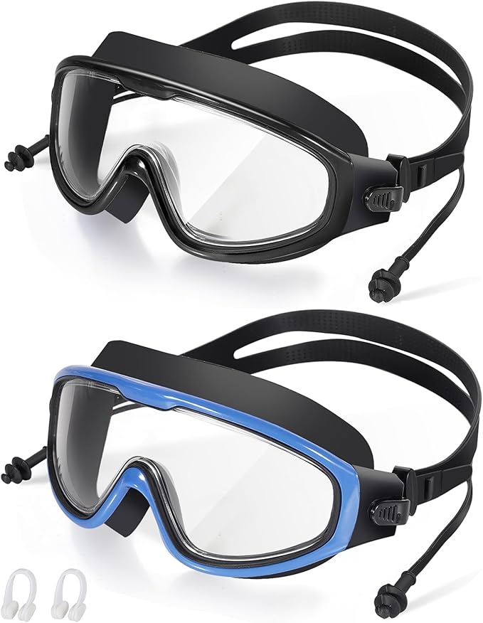 Adult Swimming Goggles,Leak-Proof,Anti-Fog Pool Glasses,Wide View Swim Goggles with Ear Plugs and Nose Clip