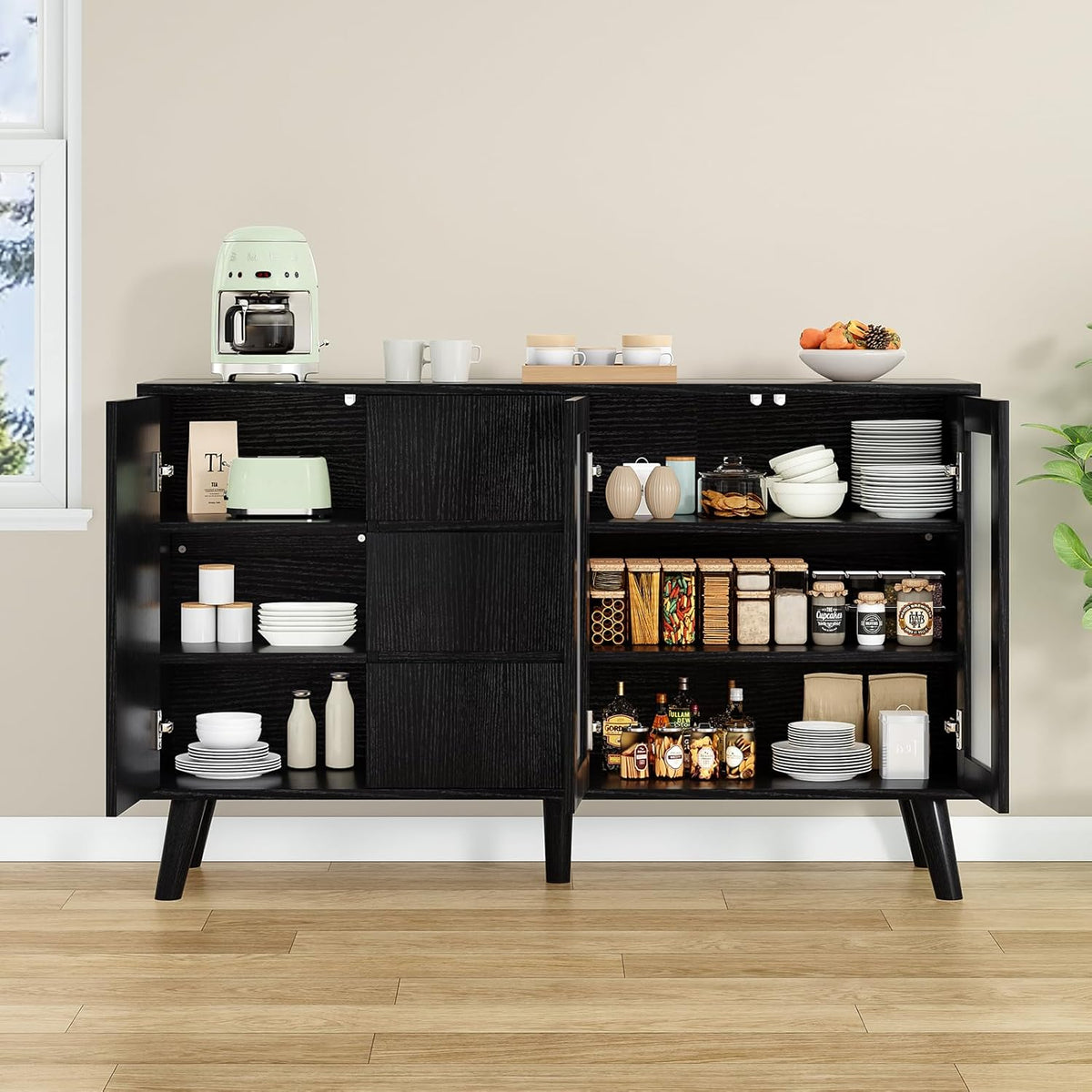Soohow Farmhouse Buffet Cabinet, 55.5" Coffee Bar with 3 Drawers and Pop-Up Doors, Large Rustic Sideboard for Dining Room, Kitchen, Hallway, and Living Room