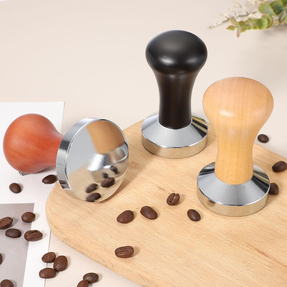 uxcell 51mm Coffee Tamper, Stainless Steel Espresso Press Tamper, Espresso Tamper with Wooden Handle Suitable for Coffee Shop, Restaurant Bar, Bakery (Light Brown)