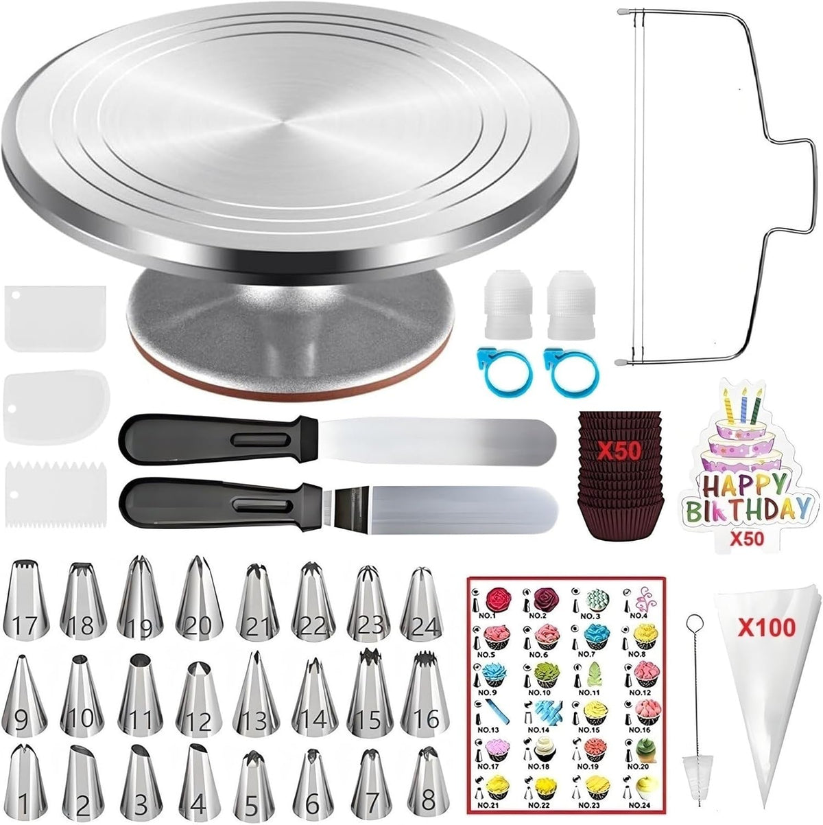 237 Pcs Cake Decorating Kit with Aluminium Alloy Rotating Cake Turntable,Cake Leveler,24 Numbered Icing Tips,2 Coupler,2 Spatulas,3 Comb Scrapers,100 Disposable Pastry Bags