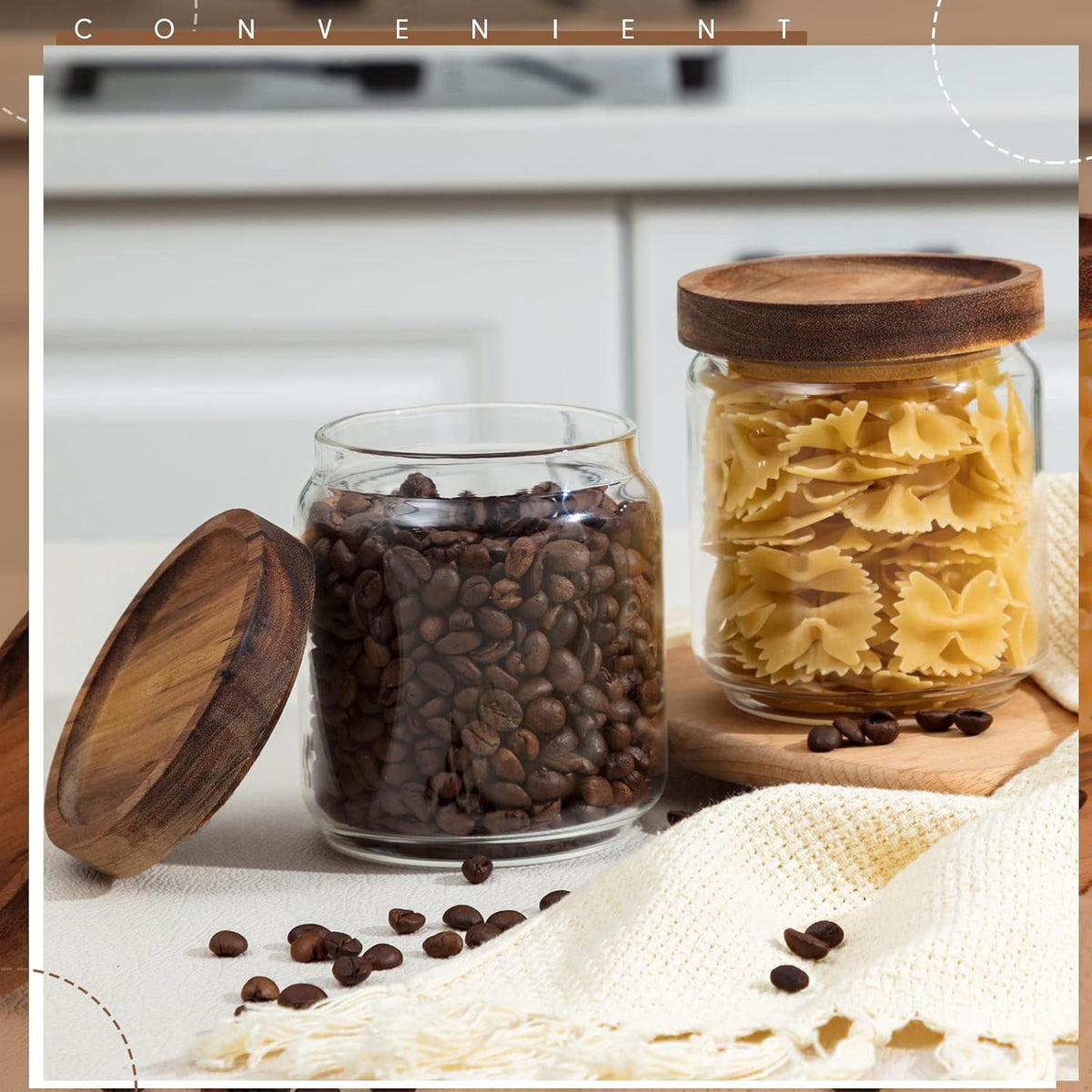 Irenare 16 Pcs 17 oz/ 500 ml Glass Canister Food Airtight Sealed Clear Borosilicate Glass Storage Jars with Lids Kitchen Spice Containers for Serving Coffee Sugar Tea Beans Candy Nuts Pantry (Wood)