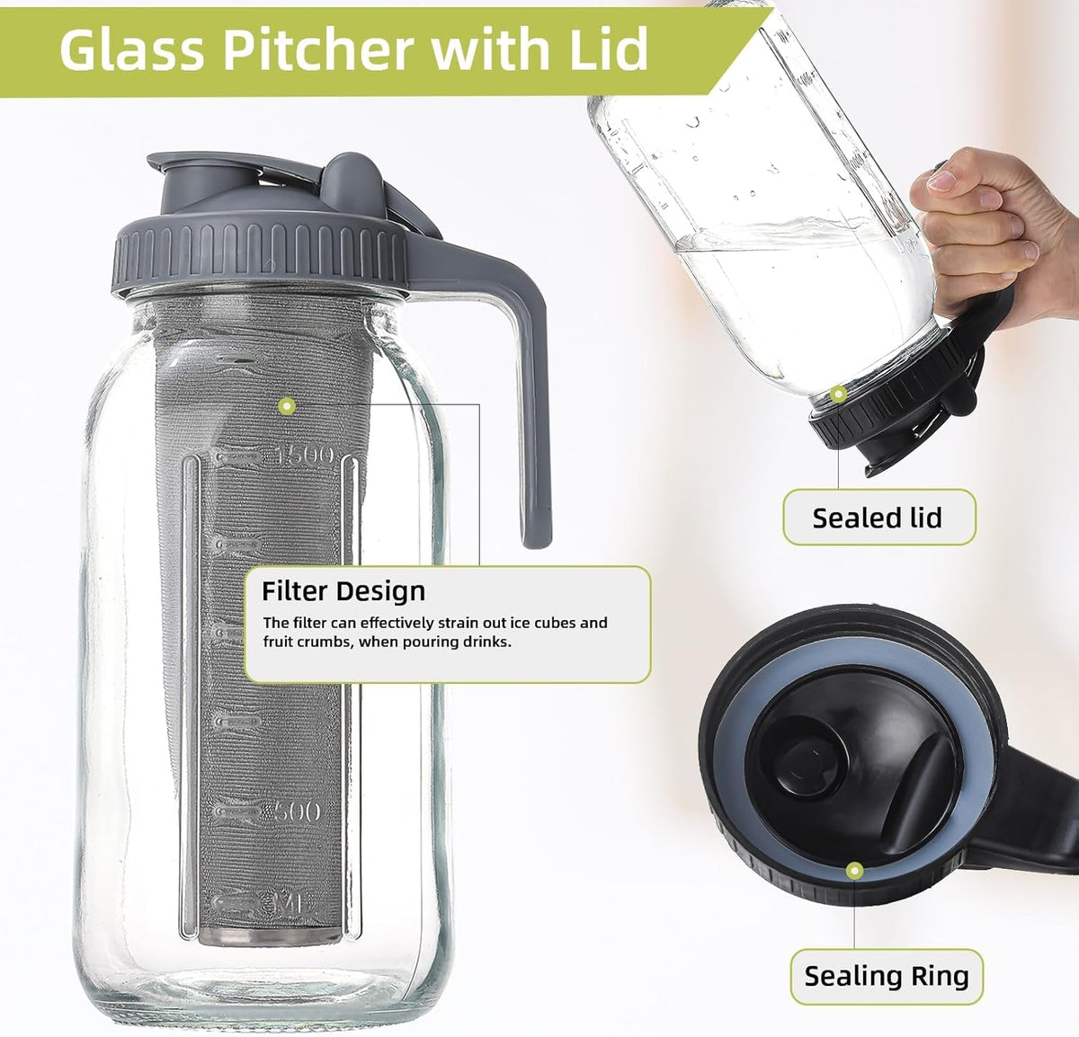 2 Quart Glass Pitcher with Lid for Fridge, Cold Brew Coffee Maker 64 oz, 2 Pack Airtight Leakproof Iced Tea Pitcher with Stainless Steel Filter, New Years Gifts for Friends (Black & Gray)