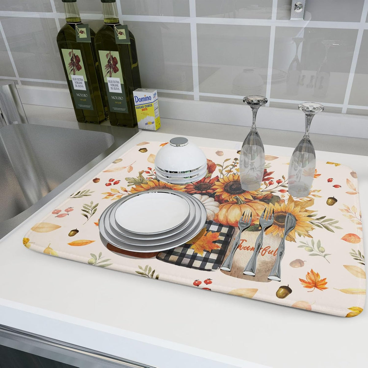 Autumn Sunflowers Vase Dish Drying Mat for Kitchen Counter,Fall Pumpkin Maple Leaves Drying Mat 18 x 24 Inch with High Absorbent Microfiber Dish Drying Drainer Mat for Coffee Bar