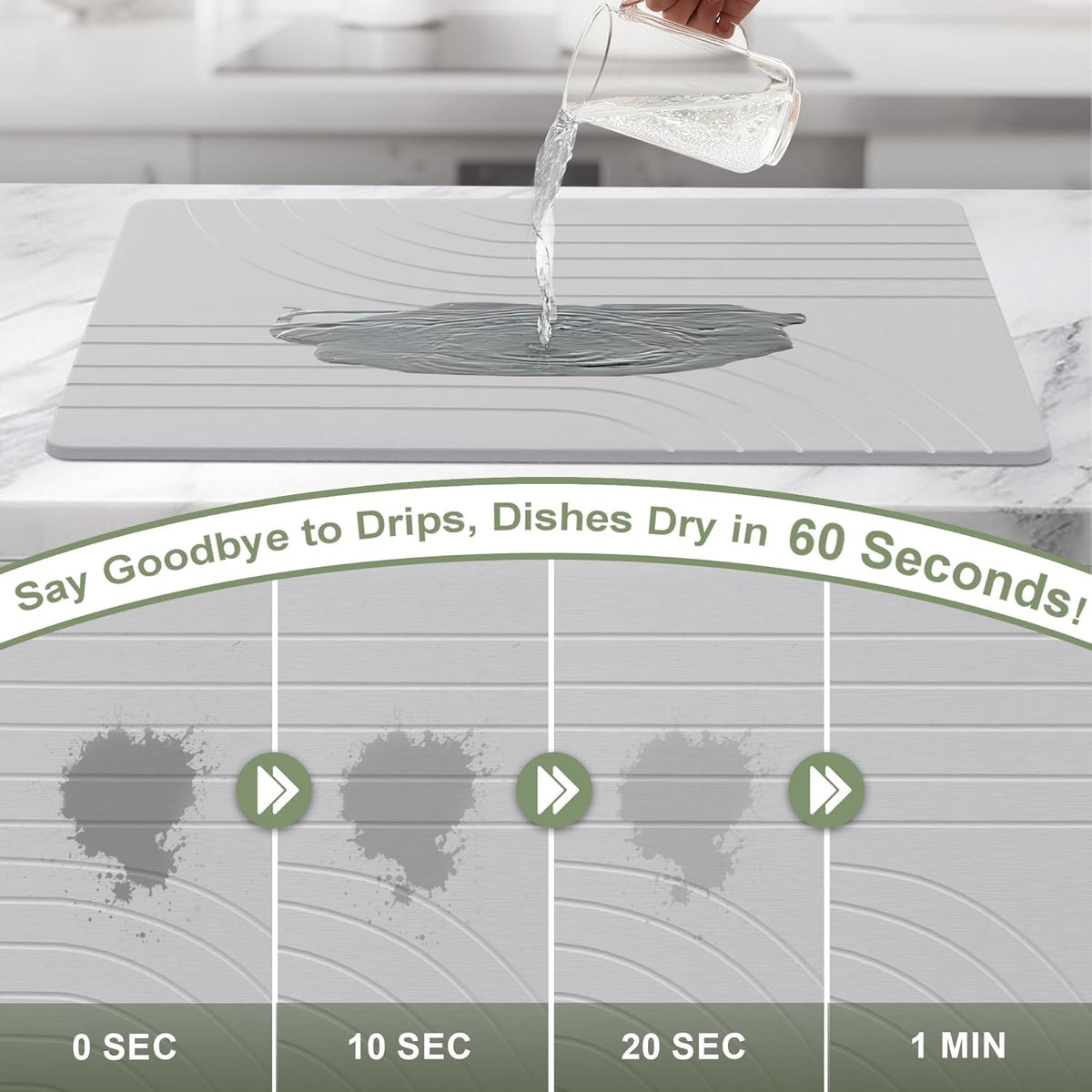 Large Stone Drying Mat for Kitchen Counter, 24" × 16" Diatomite Dish Drying Mat, Quick Dry Stone Mats, Ultra Absorbent Natural Diatomaceous Earth Mats for Dished, Bottles, Light Grey