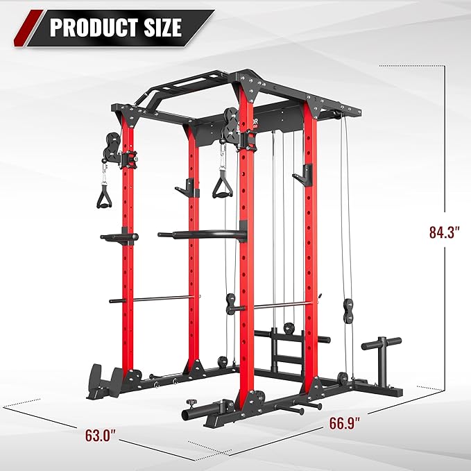 MAJOR FITNESS PLM03 Power Rack - 1400LBS Home Gym with Cable Crossover, Pull-Up Bar & Landmine, Strength Training Equipment
