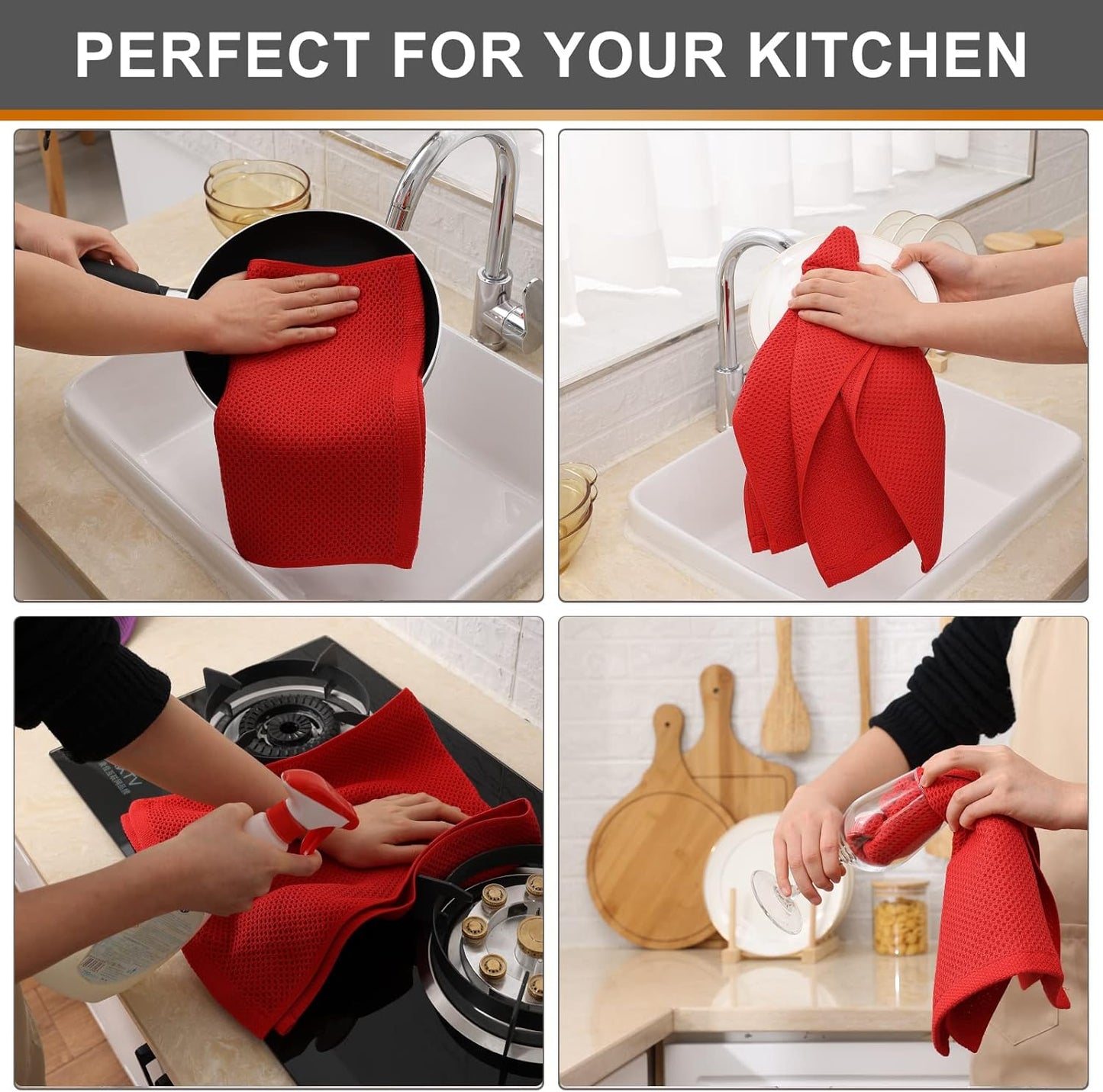 Kitinjoy 100% Cotton Waffle Weave Kitchen Towels, 4-Pack Super Soft and Absorbent Dish Towels for Drying Dishes, Kitchen Hand Towels, 13 in x 28 in, Red