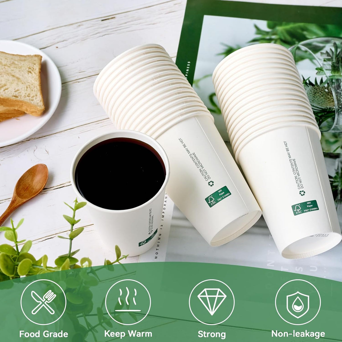 LITOPAK 200 Pack 12 oz Disposable Paper Coffee Cups, White FSC Hot Coffee Cups for Multiple Drinks for Office, Store, Home