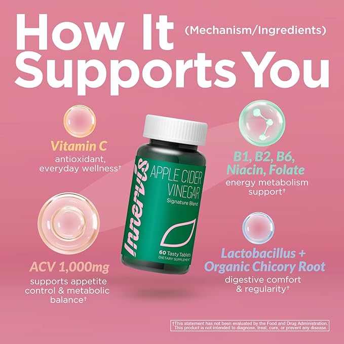 Apple Cider Vinegar 1000mg – Signature Blend with B Vitamins (B1, B2, B6, Niacin & Folate) + Vitamin C – Appetite & Metabolism Support – Green Apple Flavor–Only 5 Calories–60 Tablets